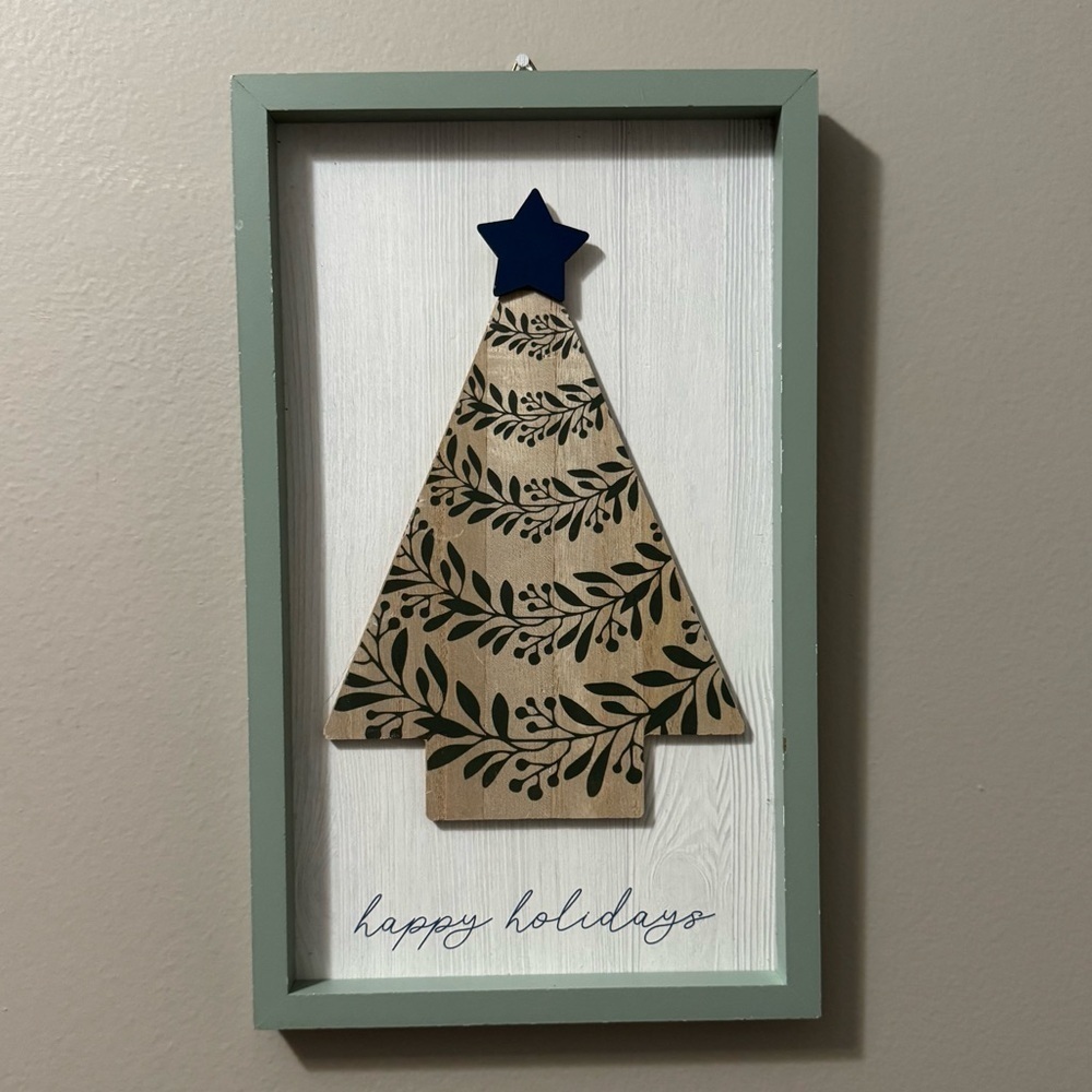 Festive Tree Wall Art with Blue Star Accent